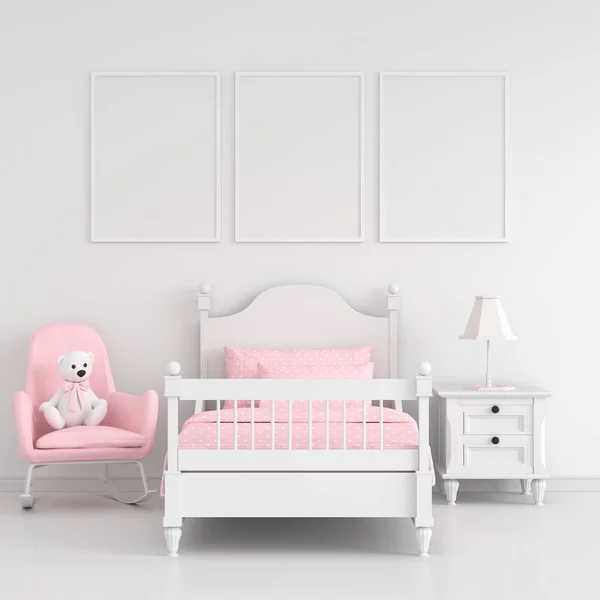 Tre Cornice Fotografica Vuota Mockup Bianco Bambino Camera Letto Interno — Foto Stock