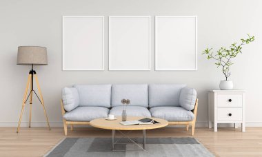 Oturma odasında mockup için üç boş fotoğraf çerçevesi, 3D Rendering