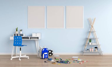 Çocuk odasında üç adet boş fotoğraf çerçevesi, 3 boyutlu görüntüleme
