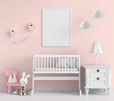 Pembe çocuk odasında mockup için boş fotoğraf çerçevesi, 3D Rendering