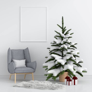 Beyaz odada mockup ve noel ağacı için boş fotoğraf çerçevesi, 3d render