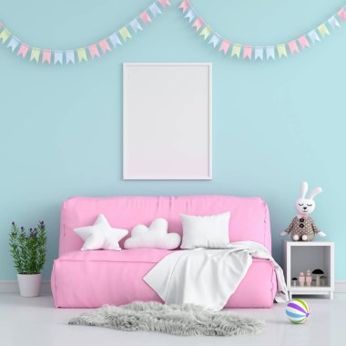 Çocuk odasında mockup için boş fotoğraf çerçevesi, 3d render