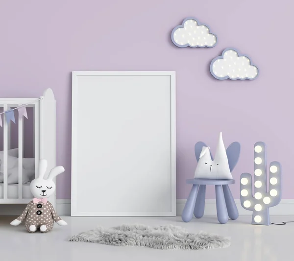 Blank Photo Frame Mockup Violet Child Room Rendering — Stock Photo, Image