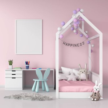 Duvardaki boş fotoğraf çerçevesi pembe çocuk odasındaki modeller için, 3D görüntüleme