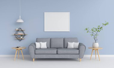 Oturma odası, 3d render mockup için boş fotoğraf çerçevesi