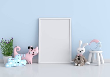 Zeminde maket ve bebek için boş fotoğraf çerçevesi, 3d render