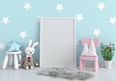 Zeminde maket ve bebek için boş fotoğraf çerçevesi, 3d render