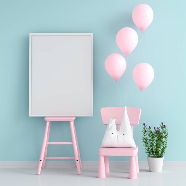 Mockup için pembe sandalye üzerinde boş fotoğraf çerçevesi, 3d render