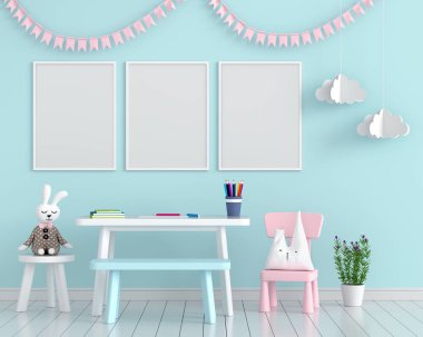Çocuk odasında üç adet boş fotoğraf çerçevesi, 3 boyutlu görüntüleme