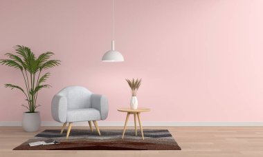 Pembe oturma odasında gri kanepe, 3d render