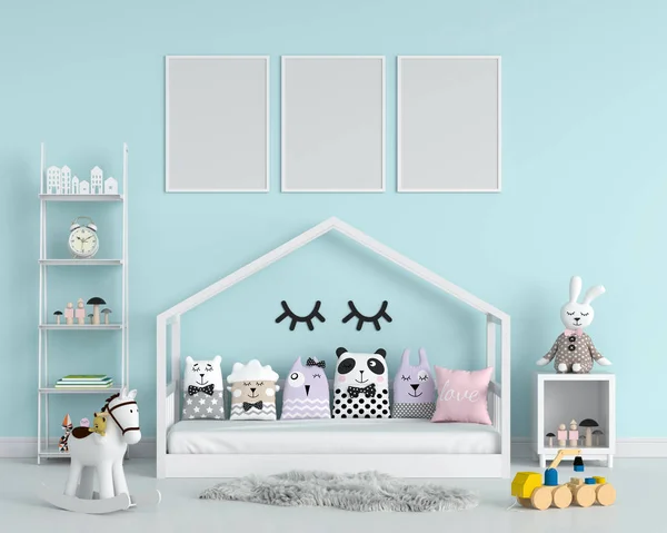 Tres marcos de fotos vacías para maqueta en el dormitorio del niño, 3D renderin —  Fotos de Stock