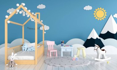 Mavi çocuk yatak odası. Model için iç mekan, 3 boyutlu.
