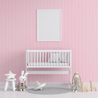 Pembe çocuk odasında modelleme için boş fotoğraf çerçevesi, 3D görüntüleme