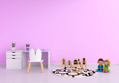 Pembe çocuk odasındaki masa ve sandalye 3 boyutlu.