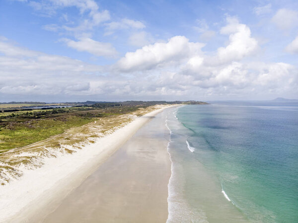 A drone photo of Puheke beach in the Karikari peninsula, Far North of New Zealand