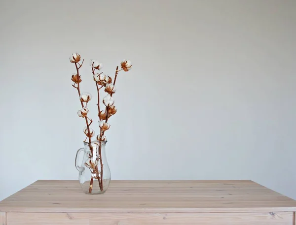 Natural Cotton Glass Vase Wooden Table Empty Room — Stock Photo, Image