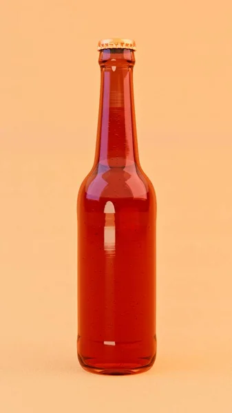 橙色背景的金色瓶盖的啤酒瓶 3D插图 — 图库照片