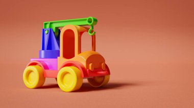 Turuncu arka planda çok renkli plastik oyuncak kamyonet. Üç boyutlu illüstrasyon. Çocuk oyuncakları