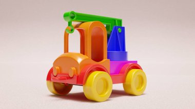 Beyaz arka planda çok renkli plastik oyuncak kamyonet. Üç boyutlu illüstrasyon. 3 / 4 görüntü. Çocuk oyuncakları