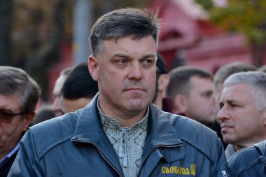 Kiev, Ukrayna - 14 Ekim 2018: Oluşturan Tyahnybok merkezi Kiev Ukrayna Defender gün işaretleme sırasında milliyetçi aşırı sağcı Svoboda siyasi parti lideri