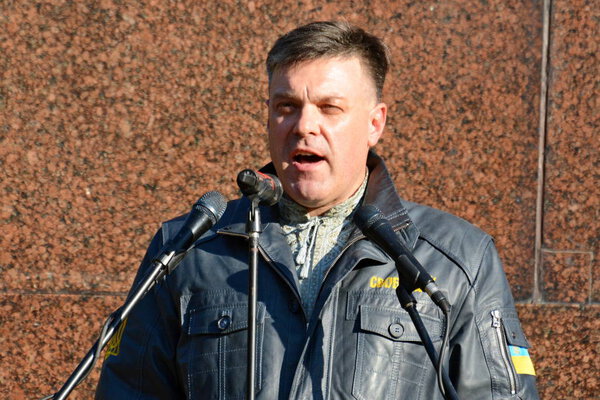 KYIV, UKRAINE - OCTOBER 14, 2018: Oleh Tyahnybok leader of the nationalist far-right Svoboda political party during marking Defender of Ukraine Day in center Kiev