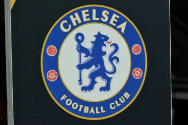 Kiev, Ukrayna - 14 Mart 2019: Resmi logo Chelsea Şampiyonlar Ligi Futbol sırasında maç Fc Dinamo Kiev ve Chelsea Olimpik Stadyum arasında
