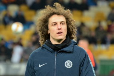 Kiev, Ukrayna - 14 Mart 2019: David Luizof Chelsea Fc Dinamo Kiev Kiev, Ukrayna Milli Güvenlik Olimpiyskyi Stadyumu'nda karşı Şampiyonlar Ligi Oyun sırasında eylem. Chelsea 5-0 kazandı
