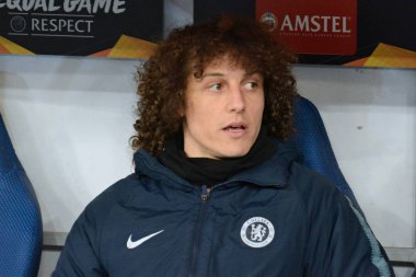 Kiev, Ukrayna - 14 Mart 2019: David Luizof Chelsea Fc Dinamo Kiev Kiev, Ukrayna Milli Güvenlik Olimpiyskyi Stadyumu'nda karşı Şampiyonlar Ligi Oyun sırasında eylem. Chelsea 5-0 kazandı