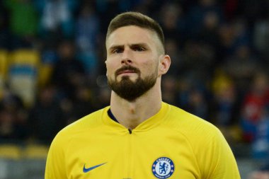 Kiev, Ukrayna - 14 Mart 2019: Olivier Giroud, Chelsea Fc Dinamo Kiev Kiev, Ukrayna Milli Güvenlik Olimpiyskyi Stadyumu'nda karşı Şampiyonlar Ligi Oyun sırasında. Chelsea 5-0 kazandı 
