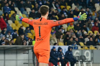 Kiev, Ukrayna - 14 Mart 2019: Kepa Arrizabalaga Chelsea Fc Dinamo Kiev Milli Güvenlik Olimpiyskiy, Uefa Avrupa Ligi maçında sırasında eylem topu 