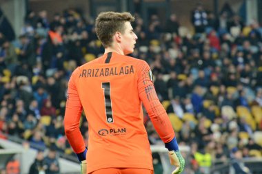 Kiev, Ukrayna - 14 Mart 2019: Kepa Arrizabalaga Chelsea Fc Dinamo Kiev Milli Güvenlik Olimpiyskiy, Uefa Avrupa Ligi maçında sırasında eylem topu 