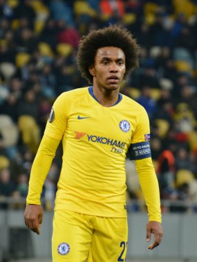 Kiev, Ukrayna - 14 Mart 2019: Willian Chelsea Fc Dinamo Kiev Kiev, Ukrayna Milli Güvenlik Olimpiyskyi Stadyumu'nda karşı Şampiyonlar Ligi Oyun sırasında eylem. Chelsea 5-0 kazandı