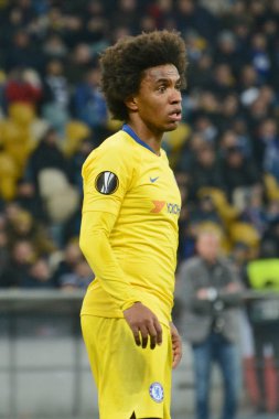 Kiev, Ukrayna - 14 Mart 2019: Willian Chelsea Fc Dinamo Kiev Kiev, Ukrayna Milli Güvenlik Olimpiyskyi Stadyumu'nda karşı Şampiyonlar Ligi Oyun sırasında eylem. Chelsea 5-0 kazandı