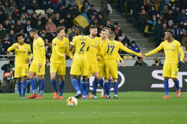 Kiev, Ukrayna - 14 Mart 2019: Chelsea oyuncu Fc Dinamo Kiev Kiev, Ukrayna Milli Güvenlik Olimpiyskyi Stadyumu'nda karşı Şampiyonlar Ligi Oyun sırasında bir gol attı sonra kutlamak. Chelsea 5-0 kazandı