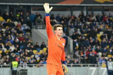 Kiev, Ukrayna - 14 Mart 2019: Kepa Arrizabalaga Chelsea Fc Dinamo Kiev Milli Güvenlik Olimpiyskiy, Uefa Avrupa Ligi maçında sırasında eylem topu 