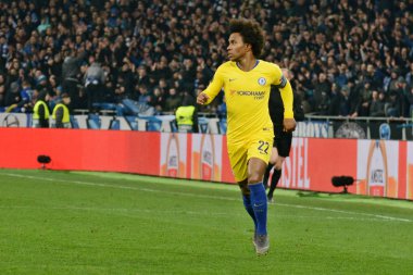 Kiev, Ukrayna - 14 Mart 2019: Willian Chelsea Fc Dinamo Kiev Kiev, Ukrayna Milli Güvenlik Olimpiyskyi Stadyumu'nda karşı Şampiyonlar Ligi Oyun sırasında eylem. Chelsea 5-0 kazandı