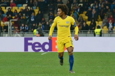 Kiev, Ukrayna - 14 Mart 2019: Willian Chelsea Fc Dinamo Kiev Kiev, Ukrayna Milli Güvenlik Olimpiyskyi Stadyumu'nda karşı Şampiyonlar Ligi Oyun sırasında eylem. Chelsea 5-0 kazandı