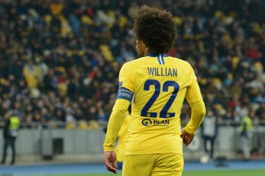 Kiev, Ukrayna - 14 Mart 2019: Willian Chelsea Fc Dinamo Kiev Kiev, Ukrayna Milli Güvenlik Olimpiyskyi Stadyumu'nda karşı Şampiyonlar Ligi Oyun sırasında eylem. Chelsea 5-0 kazandı