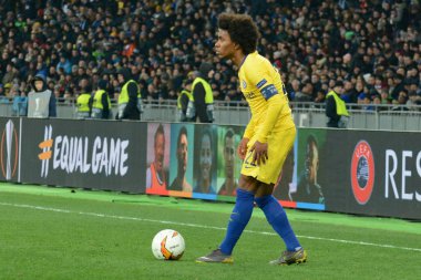 Kiev, Ukrayna - 14 Mart 2019: Willian Chelsea Fc Dinamo Kiev Kiev, Ukrayna Milli Güvenlik Olimpiyskyi Stadyumu'nda karşı Şampiyonlar Ligi Oyun sırasında eylem. Chelsea 5-0 kazandı