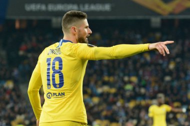 Kiev, Ukrayna - 14 Mart 2019: Olivier Giroud, Chelsea Fc Dinamo Kiev Kiev, Ukrayna Milli Güvenlik Olimpiyskyi Stadyumu'nda karşı Şampiyonlar Ligi Oyun sırasında. Chelsea 5-0 kazandı 
