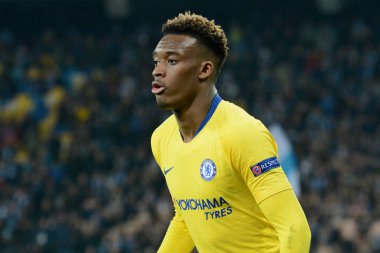 Kiev, Ukrayna - 14 Mart 2019: Callum Hudson-Odoi Chelsea Fc Dinamo Kiev Kiev, Ukrayna Milli Güvenlik Olimpiyskyi Stadyumu'nda karşı Şampiyonlar Ligi Oyun sırasında. Chelsea 5-0 kazandı 