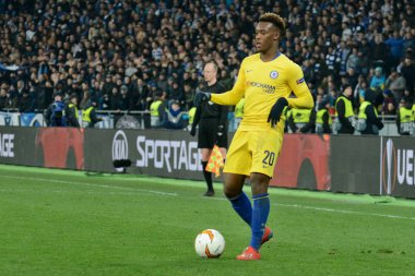 Kiev, Ukrayna - 14 Mart 2019: Callum Hudson-Odoi Chelsea Fc Dinamo Kiev Kiev, Ukrayna Milli Güvenlik Olimpiyskyi Stadyumu'nda karşı Şampiyonlar Ligi Oyun sırasında. Chelsea 5-0 kazandı 