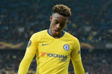 Kiev, Ukrayna - 14 Mart 2019: Callum Hudson-Odoi Chelsea Fc Dinamo Kiev Kiev, Ukrayna Milli Güvenlik Olimpiyskyi Stadyumu'nda karşı Şampiyonlar Ligi Oyun sırasında. Chelsea 5-0 kazandı 