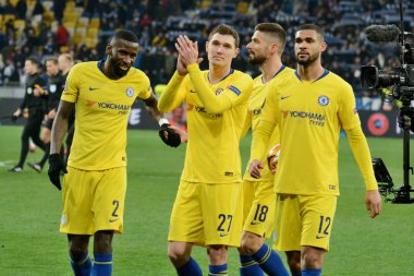 Kiev, Ukrayna - 14 Mart 2019: Chelsea oyuncu Fc Dinamo Kiev Kiev, Ukrayna Milli Güvenlik Olimpiyskyi Stadyumu'nda karşı Şampiyonlar Ligi Oyun sırasında bir gol attı sonra kutlamak. Chelsea 5-0 kazandı