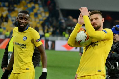 Kiev, Ukrayna - 14 Mart 2019: Chelsea oyuncu Fc Dinamo Kiev Kiev, Ukrayna Milli Güvenlik Olimpiyskyi Stadyumu'nda karşı Şampiyonlar Ligi Oyun sırasında bir gol attı sonra kutlamak. Chelsea 5-0 kazandı