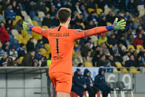 Kiev, Ukrayna - 14 Mart 2019: Kepa Arrizabalaga Chelsea Fc Dinamo Kiev Milli Güvenlik Olimpiyskiy, Uefa Avrupa Ligi maçında sırasında eylem topu 