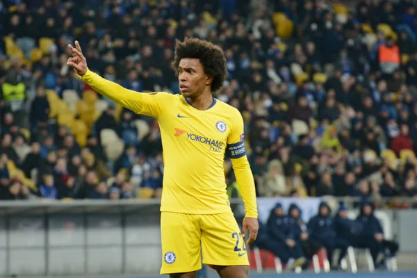 Kiev, Ukrayna - 14 Mart 2019: Willian Chelsea Fc Dinamo Kiev Kiev, Ukrayna Milli Güvenlik Olimpiyskyi Stadyumu'nda karşı Şampiyonlar Ligi Oyun sırasında eylem. Chelsea 5-0 kazandı
