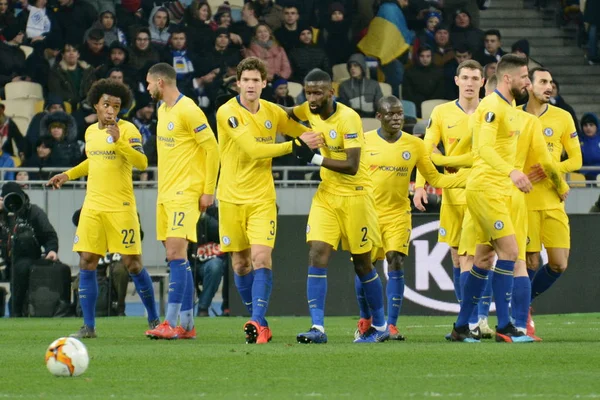 乌克兰基辅 2019年3月14日 切尔西球员在乌克兰基辅的 Nsc Olimpyskyi 体育场与基辅 Dynamo 比赛中进球后庆祝 切尔西以5比0获胜 — 图库照片