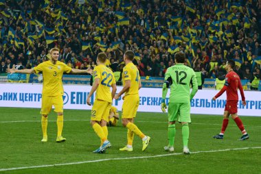 Kyiv, Ukrayna - 14 Ekim 2019: Ukraynalı oyuncular, Nsk Olimpiyskyi Stadyumu 'nda oynanan Uefa Euro 2020 ön eleme maçında Portekiz' i 2-1 yenerek finallere hak kazandılar.