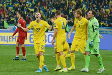 Kyiv, Ukrayna - 14 Ekim 2019: Ukraynalı oyuncular, Nsk Olimpiyskyi Stadyumu 'nda oynanan Uefa Euro 2020 ön eleme maçında Portekiz' i 2-1 yenerek finallere hak kazandılar.